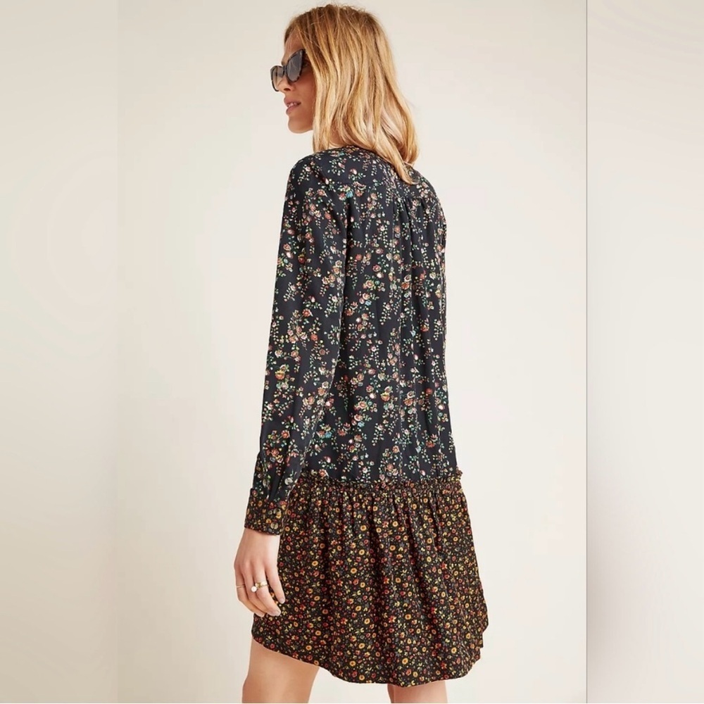 ANTHROPOLOGIE MAEVE Marlie Button Front Black Floral Print Mini Tunic Dress Sz 2 - Picture 3 of 15